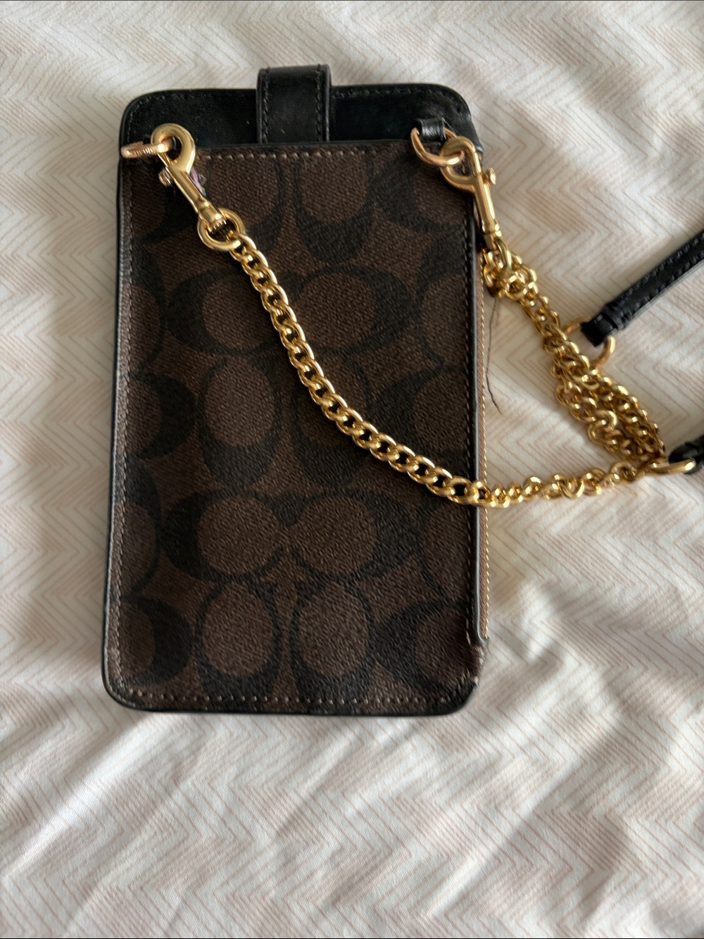 Coach Brown Signature Crossbody Phone Pouch with Gold Chain and Black Strap - Picture 4 of 5
